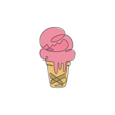 Şekillendirilmiş dondurma dükkanının logo etiketinin kesintisiz tek çizgi çizimi. Amblem tatlı restoranı konsepti. Kafe, dükkan veya yemek dağıtım servisi için modern bir çizim çizimi tasarım vektör ilüstrasyonu