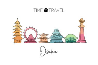 Japonya 'nın Osaka şehrinin siluetinin tek bir çizgisi. Tarihi kasaba manzarası. Tatil için en iyi ev dekorasyonu duvar posterinin baskısı. Moda sürekli çizgi çizimi tasarım vektörü illüstrasyonu