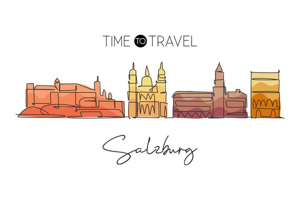 Один сплошной контурный рисунок городского горизонта, Австрия. Прекрасная достопримечательность. Мировой ландшафтный туризм и путешествия. Иллюстрация вектора рисунка в виде одной линии