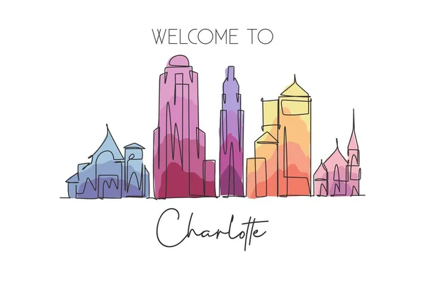 stock vector One continuous line drawing Charlotte city skyline United State. Beautiful landmark. World landscape tourism travel vacation poster. Editable stylish stroke single line draw design vector illustration