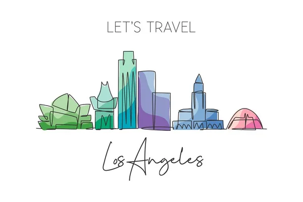 ロサンゼルス市内のスカイライン 米国の1つの線画 世界の歴史的な町の風景 最高の休暇先のポスター 編集可能なストロークトレンディーな連続線描画ベクトルイラスト — ストックベクタ
