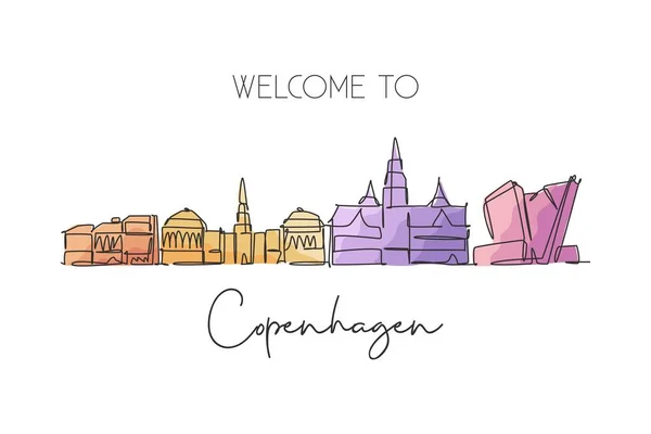 Jedna Linia Rysująca Panoramę Kopenhagi Dania Historyczny Krajobraz Miasta Świecie — Wektor stockowy