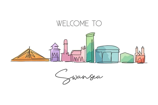 Single Continuous Line Drawing Swansea City Skyline Royaume Uni Paysage — Image vectorielle