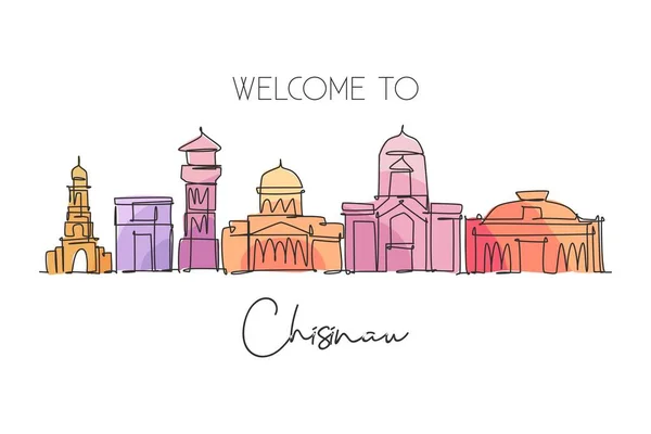 Desenho Linha Contínua Única Horizonte Cidade Chisinau Moldávia Famoso Raspador —  Vetores de Stock