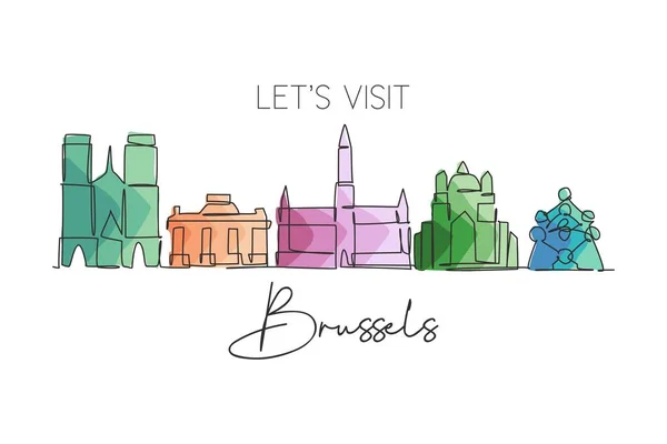 Jedna Souvislá Kresba Panorama Bruselu Belgie Krásný Mrakodrap Světová Krajina — Stockový vektor