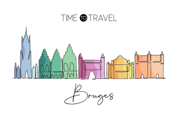 Uma Linha Contínua Desenho Horizonte Cidade Bruges Bélgica Belo Cartão — Vetor de Stock