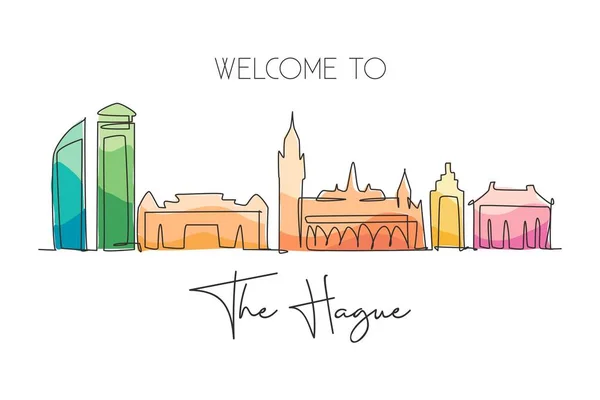 Jednoduchá Souvislá Kresba Panoramatu Haagského Města Nizozemsko Slavná Pohlednice Mrakodrapu — Stockový vektor