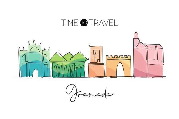 Jedna Jednořádková Kresba Panorama Města Granada Španělsko Historická Krajina Světové — Stockový vektor