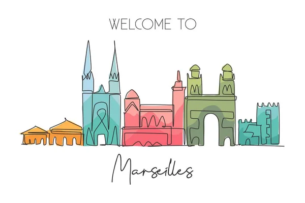 stock vector One single line drawing Marseilles city skyline, France. Historical skyscraper landscape in world. Best holiday destination wall decor poster. Trendy continuous line draw design vector illustration