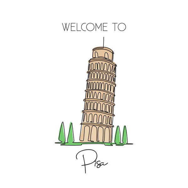 Single one line drawing of lean Pisa Tower. Beautiful historical iconic place in Piazza del Duomo. Postcard and home decor wall art poster print. Modern continuous line draw design vector illustration