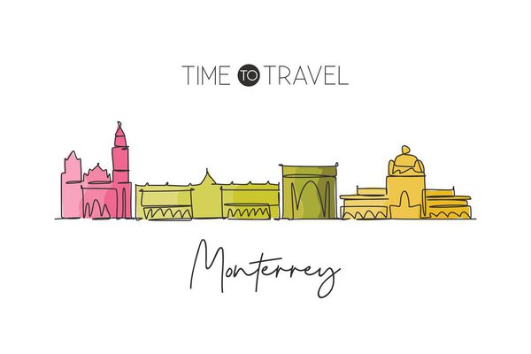 Один рисунок линии горизонта города Монтеррей, Мексика. Мировой городской пейзаж домашний декор настенный плакат. Лучшее место для отдыха. Иллюстрация векторного рисунка непрерывной линии