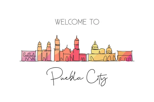 stock vector One single line drawing of Puebla city skyline, Mexico. World historical town landscape. Best place holiday destination postcard. Editable stroke trendy continuous line draw design vector illustration