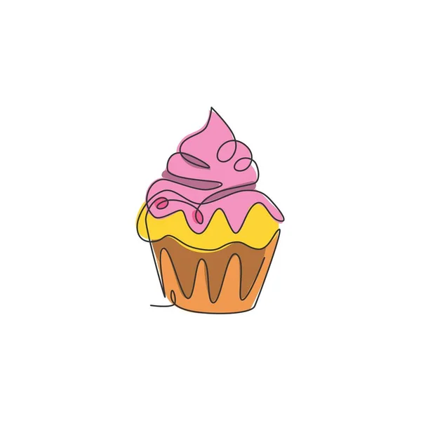 Одна Линия Рисунок Свежего Сладкого Торта Кекс Векторная Иллюстрация Логотипа — стоковый вектор