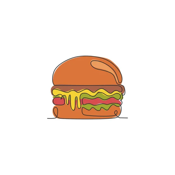 一个连续的线条画新鲜美味的美国汉堡包餐厅标志 快餐店牛肉汉堡店标志模板概念 现代单行绘图设计矢量插图 — 图库矢量图片