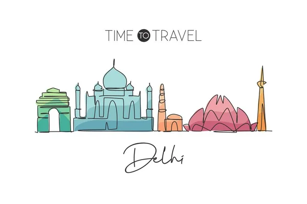 インドのデリースカイラインの単一の連続線画 有名な都市スクレーパー風景ホーム壁の装飾アートポスタープリント 世界旅行の概念 現代的な1行のグラフィックデザインのベクトルイラスト — ストックベクタ
