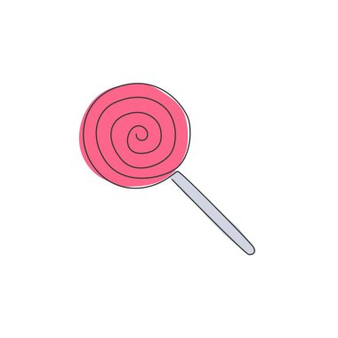 Şekillendirilmiş spiral lolipop şeker dükkanı logosunun sürekli çizimi. Şekerleme dükkanının amblemi. Atıştırmalık dağıtım servisi için modern bir çizim vektör çizimi çizimi çizimi çizimi