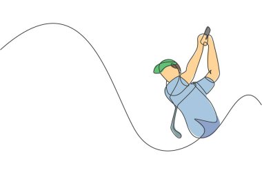 Genç sporcu golfçünün çizdiği tek bir çizgi golf sopası çizimi ile topa vurdu. Sağlıklı spor anlayışı. Golf turnuvası posteri için modern sürekli çizgi çizimi