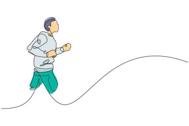 Genç çevik koşucuyu çeken tek sıra sakin olun ve açık hava parkında rahatlayın. Sağlıklı yaşam tarzı kavramı. Yarış tanıtımı için bir satır grafik tasarım vektör çizimi