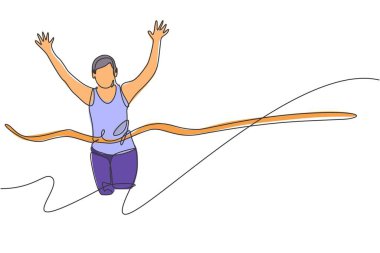 Genç sporcu koşucuyu bitiş çizgisine çeken aralıksız bir çizgi. Sağlık aktivitesi spor konsepti. Etkinlik tanıtım posteri için dinamik tek çizgi çizimi tasarım vektörü grafik çizimi