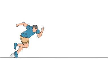 Genç sporcu koşucunun hızlı koşmak için sürekli yaptığı bir çizgi. Sağlık aktivitesi spor konsepti. Etkinlik tanıtım posteri için dinamik tek çizgi çizimi tasarım vektör çizimi çizimi