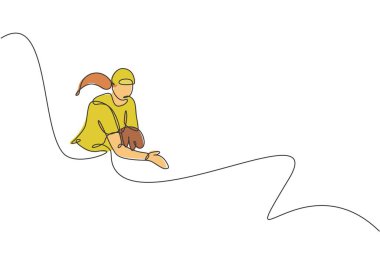 Genç ve enerjik kadın beyzbolcunun çizdiği tek bir çizgi top vektör illüstrasyonunu fırlatmaya odaklanıyor. Spor eğitimi konsepti. Beyzbol turnuvası afişi için modern sürekli çizgi çizimi