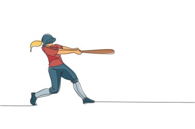 Genç bayan sporcu beyzbolcunun topa vurmak için sürekli çizdiği çizgiler. Rekabetçi spor konsepti. Promosyon posteri için dinamik tek çizgi çizimi tasarım vektörü grafik çizimi