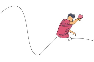 Genç çevik adam masa tenisçisinin sürekli çizdiği tek çizgi topa vurdu. Spor egzersiz konsepti. Bir satır ping pong turnuvası tanıtım medyası için tasarım vektör çizimi