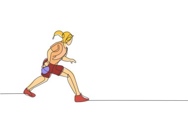 Genç çevik kadın masa tenisçisinin sürekli çizdiği tek çizgi pratiğe odaklanıyor. Spor egzersiz konsepti. Ping pong tanıtım medyası için bir satır tasarım vektör grafik çizimi