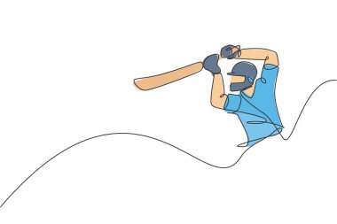 Genç ve enerjik kriket oyuncusunun çizdiği tek bir çizgi stadyum grafik çiziminde topa vurdu. Spor konsepti. Kriket yarışması afişi için modern sürekli çizgi çizimi tasarımı