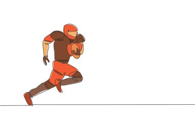 Enerjik Amerikan futbolcusunun çizdiği tek bir çizgi ulusal lig promosyonunda gol atmak için hızlı koşuyor. Spor yarışması konsepti. Modern sürekli çizgi çizimi tasarım vektörü illüstrasyonu