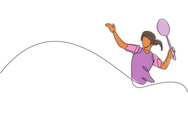 Genç ve enerjik badminton oyuncusunun zıpladığı tek bir çizgi çizimi ve mekik horozu çizimini ezmek. Sağlıklı spor anlayışı. Badminton turnuva posteri için modern sürekli çizim tasarımı