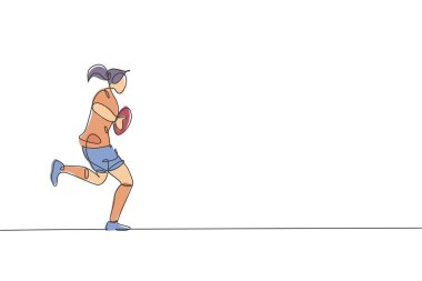 Genç ve çevik rugby oyuncusunun tek çizgi çizimi koşuyor ve topu tutuyor. Rekabetçi spor konsepti. Rugby turnuvası tanıtım medyası için bir satır tasarım vektörü çizimi