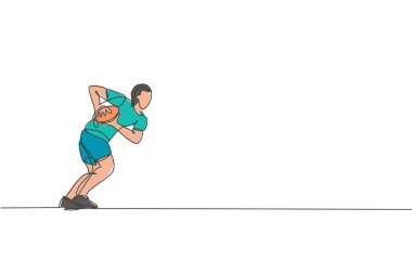 Devamlı tek çizgi, genç çevik rugby oyuncusunu topa karşı savunmaya çekiyor. Rekabetçi spor konsepti. Rugby turnuvası tanıtım medyası için bir satır tasarım grafik vektör çizimi