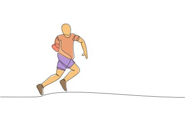 Topu yakalamak için koşan genç ve çevik rugby oyuncusunun sürekli çizdiği tek çizgi. Rekabetçi spor konsepti. Rugby turnuvası tanıtım medyası için bir satır tasarım vektörü çizimi