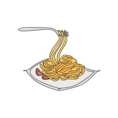Lezzetli İtalyan spagetti logosu çizimleri. Pasta fast food kafe menüsü ve restoran rozeti konsepti. Modern sürekli çizgi tasarım sokak yiyecekleri logosu