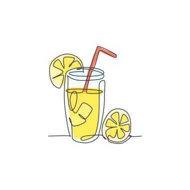 Restoran menüsü için dilimlenmiş limonlu taze limonata buzu. Kafe logoti şablonu konseptini iç. Modern tek çizgi çizimi tasarım vektör grafik çizimi
