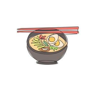 Stilize edilmiş Japon ramen logosunun tek sıra çizimi. Fast food noodle restoranının amblemi. Kafe dükkanı veya yemek dağıtım servisi için modern bir çizgi çizimi tasarım vektör çizimi çizimi