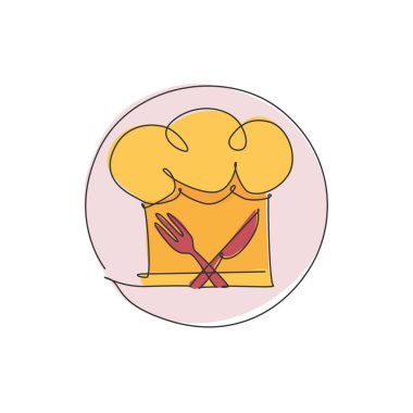 Restoran vektör çizimi için çatal ve bıçaklı bir şapka ya da şapka çizimi. Zarif kafe rozeti konsepti. Modern sürekli çizgi tasarım sokak yiyecekleri logosu