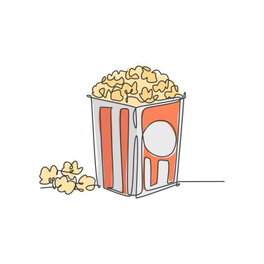 Sökülmüş desenli karton kutulu taze ve lezzetli patlamış mısır çizimleri. Film izlemek için atıştırmalık. Modern tek çizgi tasarım grafik vektör çizimi