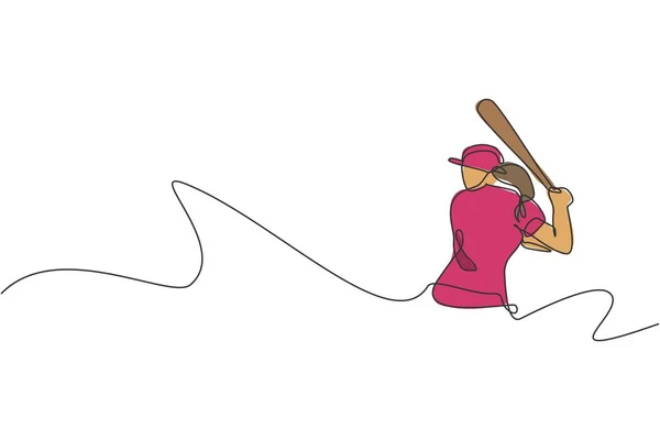 Une Seule Ligne Continue Dessinant Jeune Femme Agile Joueur Baseball — Image vectorielle