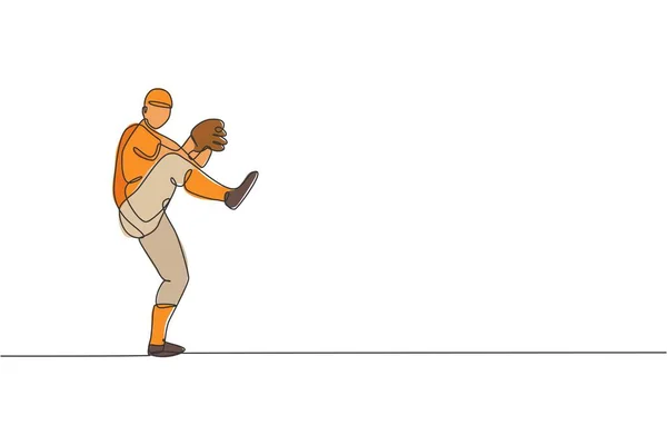 Один Рисунок Линии Молодой Энергичный Человек Бейсболист Практика Бросить Мяч — стоковый вектор