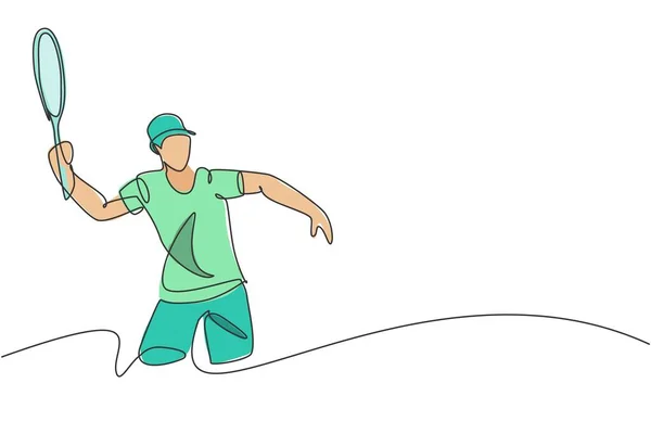 Eine Einzige Linienzeichnung Des Jungen Energischen Männlichen Tennisspielers Traf Den — Stockvektor