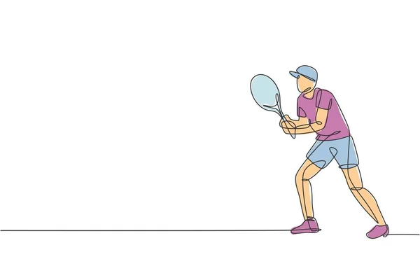 Ein Durchgehendes Linienziehen Des Jungen Wendigen Tennisspielers Konzentriert Den Ball — Stockvektor