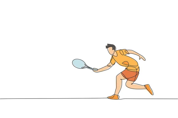 Eine Ununterbrochene Linienziehung Von Jungen Glücklichen Tennisspielern Hält Gegner Smash — Stockvektor