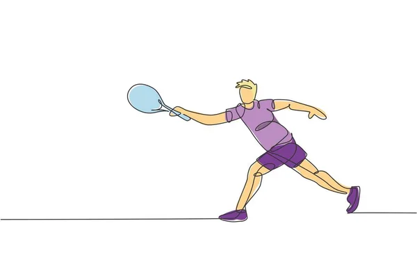 Eine Einzige Linie Zeichnet Junge Energische Mann Tennisspieler Traf Den — Stockvektor