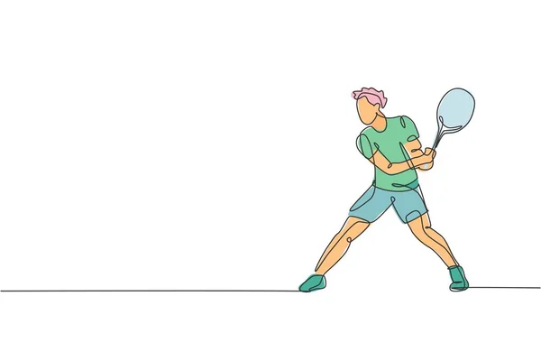Eine Einzige Linienzeichnung Von Jungen Energischen Tennisspielern Bereitet Sich Darauf — Stockvektor