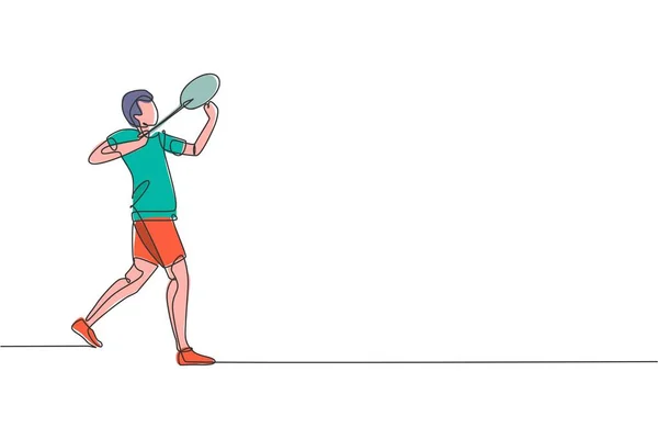 Eine Durchgehende Linienzeichnung Von Jungen Badmintonspielern Die Bereit Sind Federball — Stockvektor