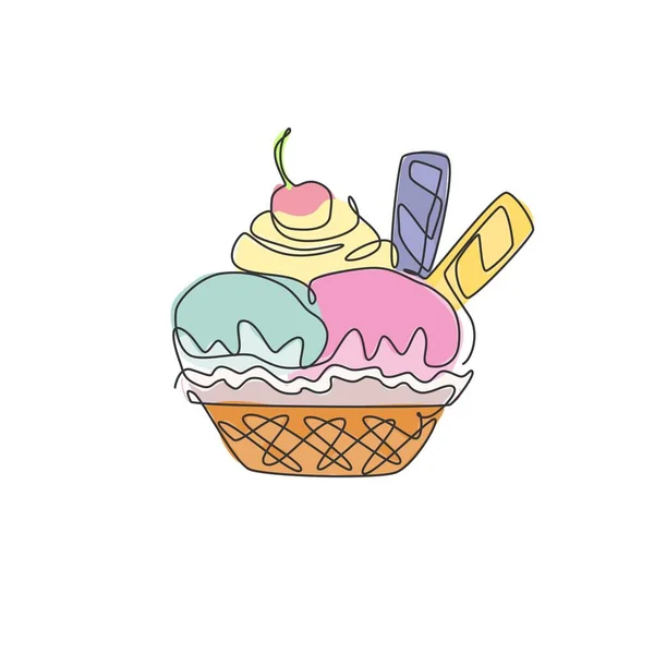 Единая Сплошная Линия Рисунка Стилизованной Чашки Мороженого Логотипом Вишневого Топпинга — стоковый вектор