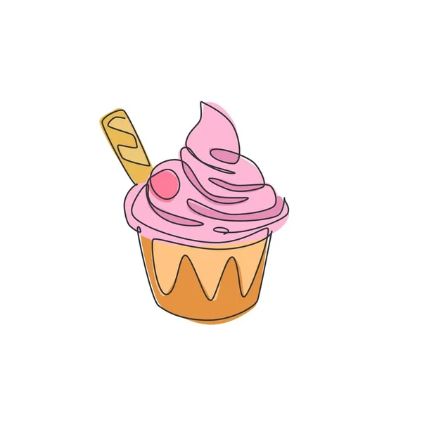 Один Безперервний Малюнок Свіжої Смачної Чашки Морозива Емблемою Логотипу Вафельної — стоковий вектор
