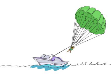 One single line drawing of young sporty man flying with parasailing parachute on the sky pulled by a boat vector graphic illustration. Extreme sport concept. Modern continuous line draw design clipart